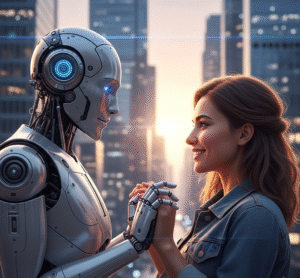 Un robot et une jeune femme se tiennent par la main dans un contexte urbain et futuriste au coucher du soleil