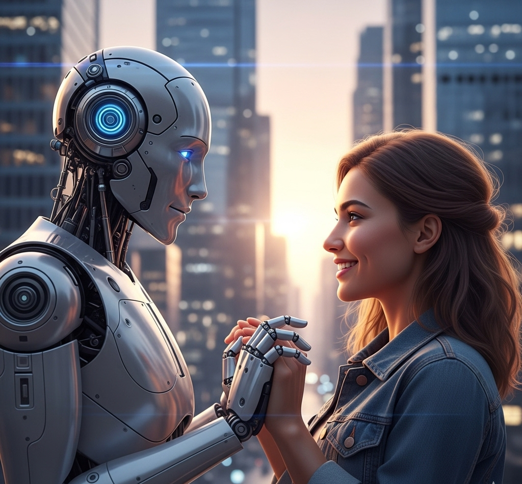 Un robot et une jeune femme se tiennent par la main dans un contexte urbain et futuriste au coucher du soleil