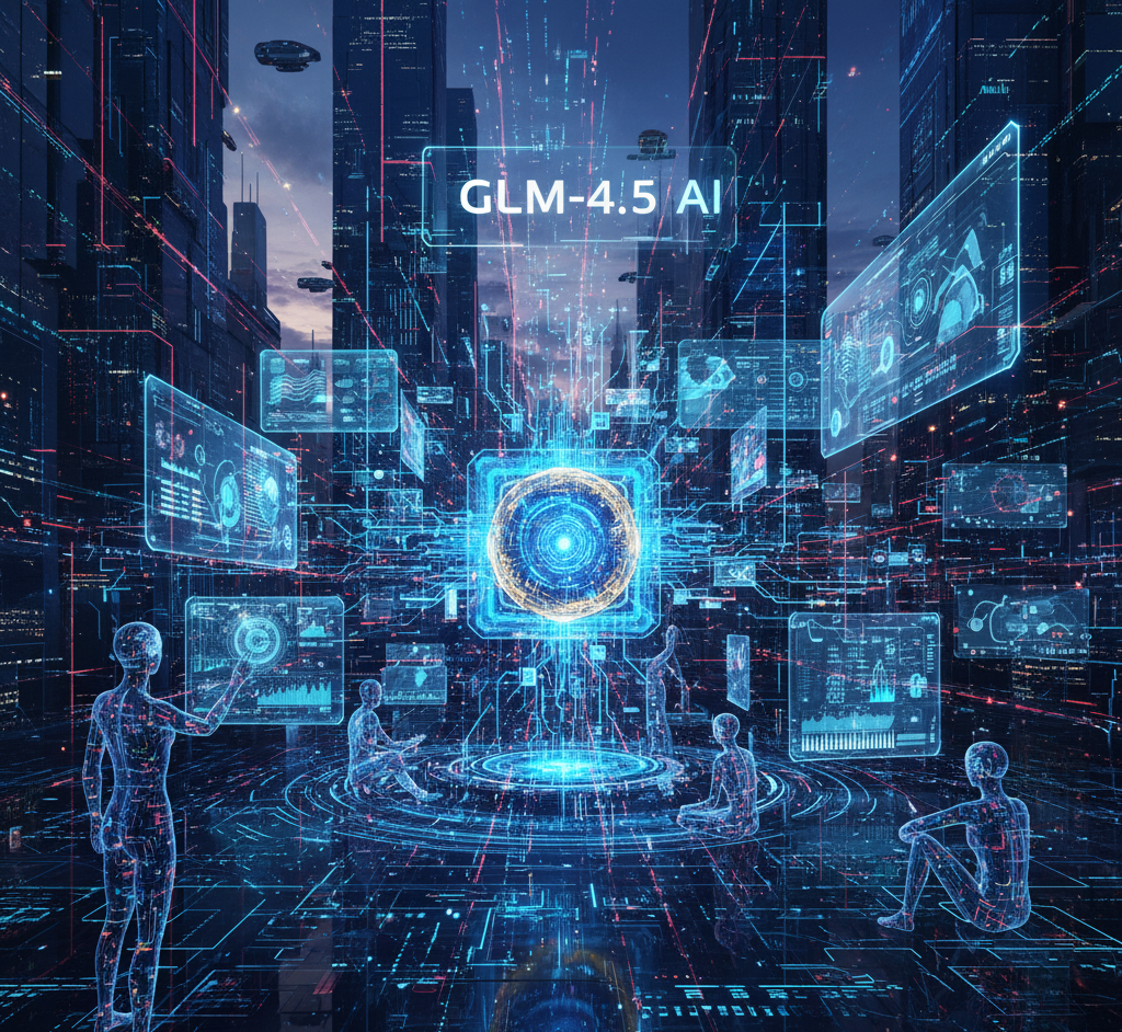 image de l’ia chinoise glm-4.5 avec hologrammes et flux de données futuristes, illustrant le modèle d’intelligence artificielle avancé chinois