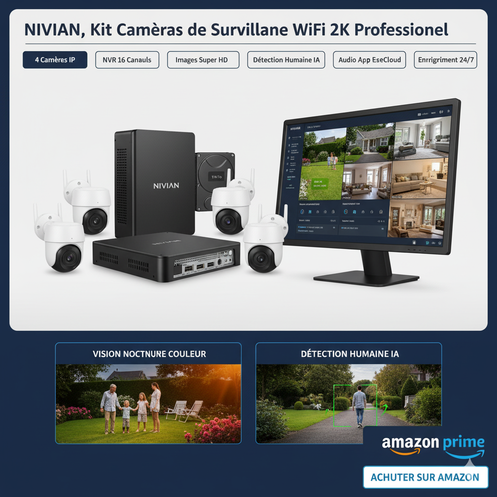Vue d’ensemble du kit NIVIAN avec 4 caméras IP et un enregistreur NVR 10 canaux.