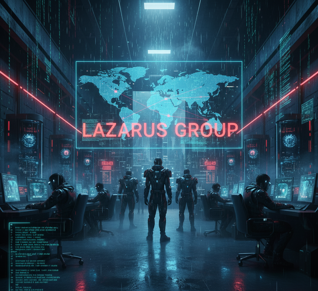 Image 3D montrant des hackers du Lazarus Group dans une salle de contrôle sombre, entourés d’écrans lumineux, de cartes du monde et de codes informatiques, avec le nom “Lazarus Group” affiché au mur.