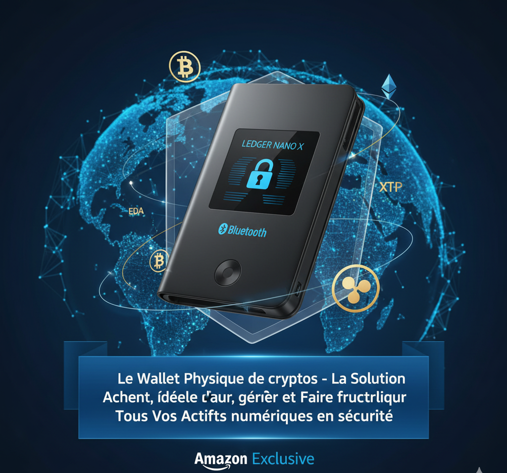 Ledger Nano X portefeuille crypto 3D Noir Onyx, écran affichant Bitcoin et Ethereum, sécurité maximale hors ligne