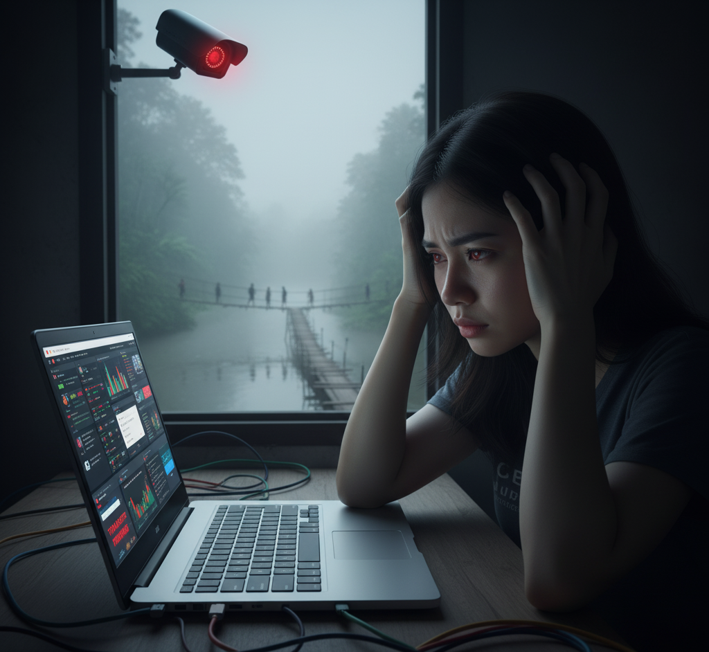 jeunes victimes dans une ferme d’arnaques en Asie, cyber-esclavage numérique, ordinateurs et surveillance