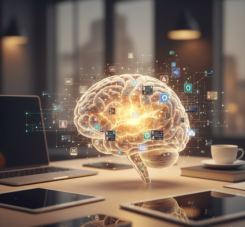 illustration de la démence numérique montrant un cerveau humain entouré d'icônes numériques, écrans et applications, représentant la surcharge cognitive, la distraction et la perte de mémoire due aux écrans