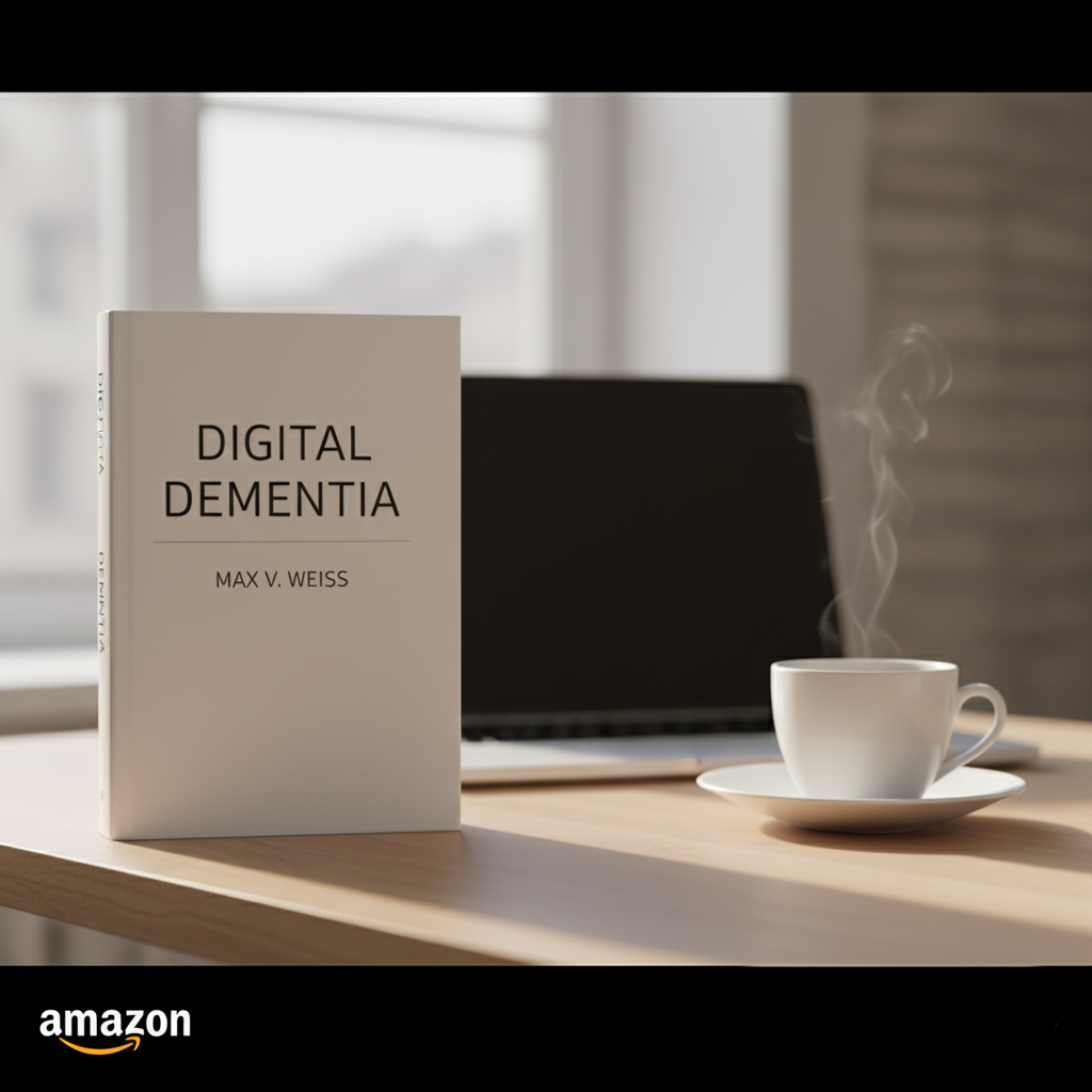 image du livre Digital Dementia de Max V. Weiss sur un bureau moderne avec lumière naturelle, logo Amazon et logo Anconda.fr avec un serpent stylisé, illustrant les effets de la démence numérique et recommandation du site Anconda.fr
