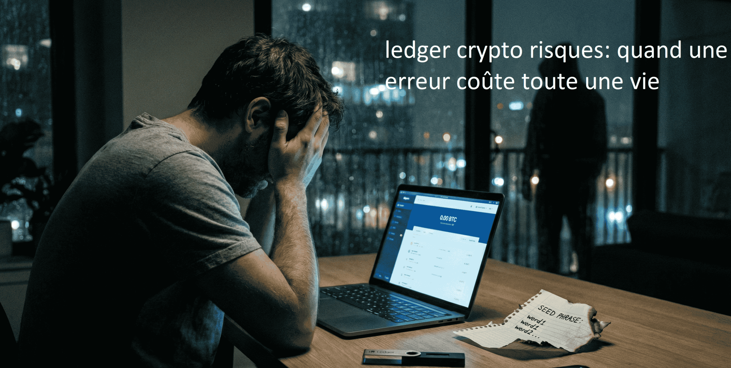 Portefeuille matériel Ledger posé sur une table sombre avec le message “Ledger crypto risques : quand une erreur coûte une vie”.