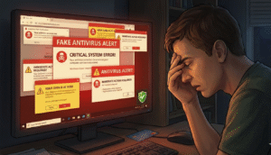 ordinateur affichant une alerte de faux antivirus avec pop-ups rouges et utilisateur inquiet