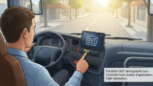 Conducteur de bus activant la fonction OUT sur le tachygraphe, tableau de bord visible, illustration professionnelle et informative