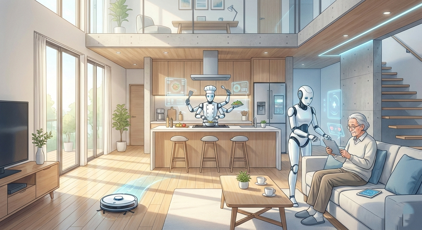 Illustration réaliste d’une maison intelligente avec des robots domestiques : robot ménager, robot cuisinier, robot assistant pour une personne âgée, démontrant le futur du numérique à la maison.