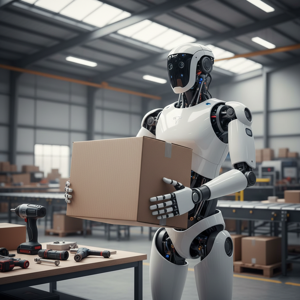 tesla optimus robot humanoïde manipulant des outils dans une usine moderne