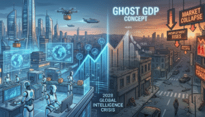 illustration futuriste du scénario the 2028 global intelligence crisis montrant IA, ghost gdp et impact économique mondial