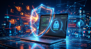 Ordinateur sécurisé avec antivirus gratuit protégeant contre les virus et cyberattaques
