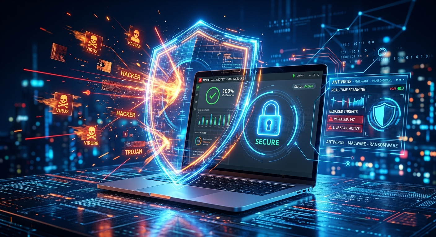Ordinateur sécurisé avec antivirus gratuit protégeant contre les virus et cyberattaques