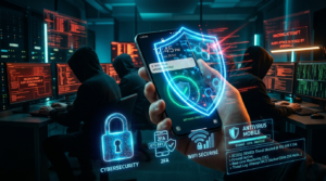 Smartphone sécurisé avec protection numérique contre les hackers et cyberattaques mobiles.