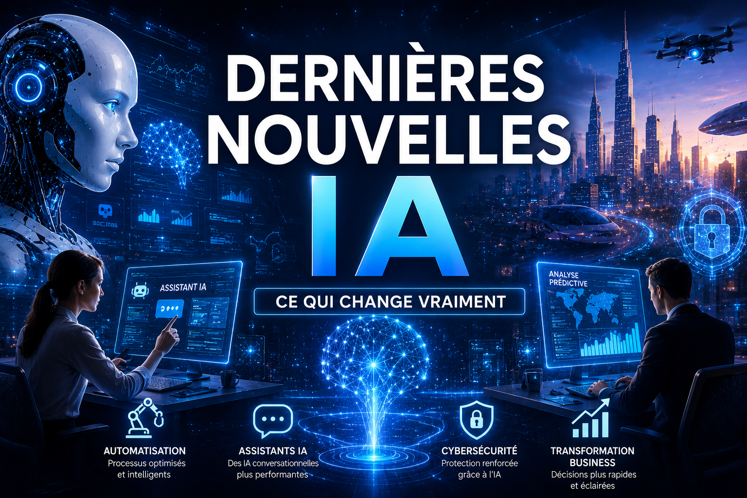 Illustration futuriste sur les dernières nouvelles IA avec automatisation, cybersécurité, assistants intelligents et transformation digitale.