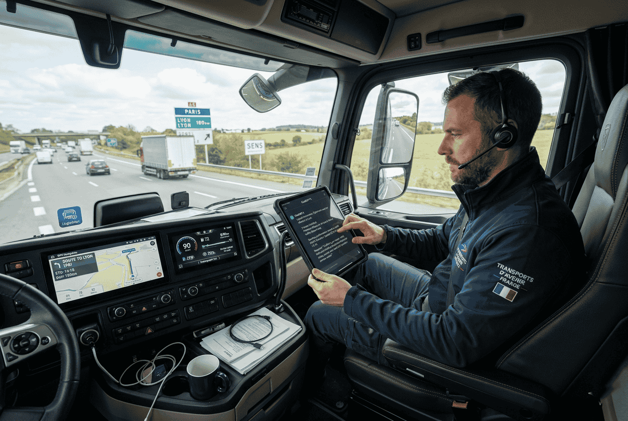 Chauffeur routier utilisant ChatGPT et l’IA transport dans un camion moderne
